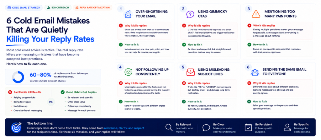 Checklist graphic showing six common cold email mistakes that lower reply rates including over-shortened emails, gimmick CTAs, multiple pain points, no follow-up, misleading subject lines, and identical messaging across personas