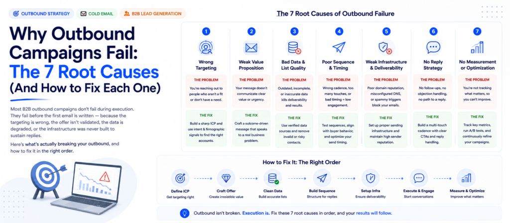 Diagram showing the 7 root causes of failed B2B outbound campaigns including poor ICP targeting, deliverability issues, and weak follow-up systems