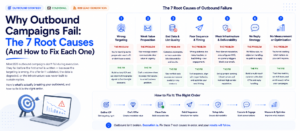 Diagram showing the 7 root causes of failed B2B outbound campaigns including poor ICP targeting, deliverability issues, and weak follow-up systems