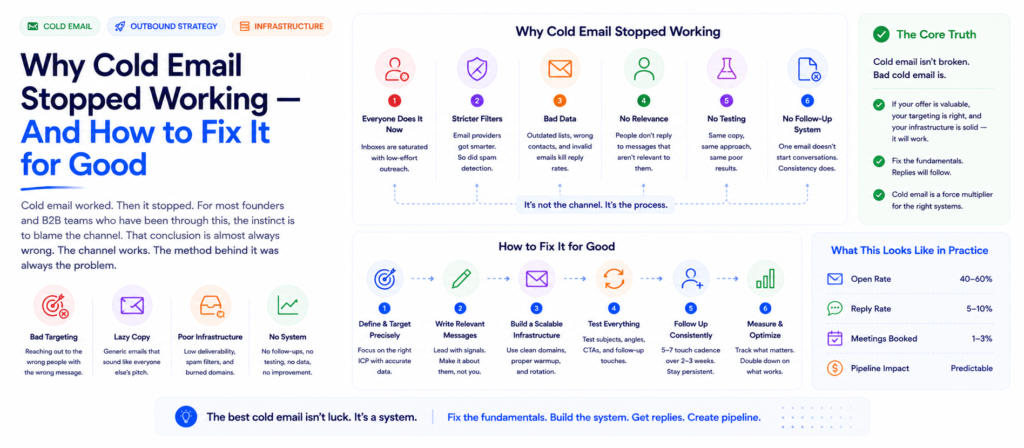 Illustration showing why cold email stops working after early success due to missing infrastructure like domain warmup, secondary domains, and contact verification