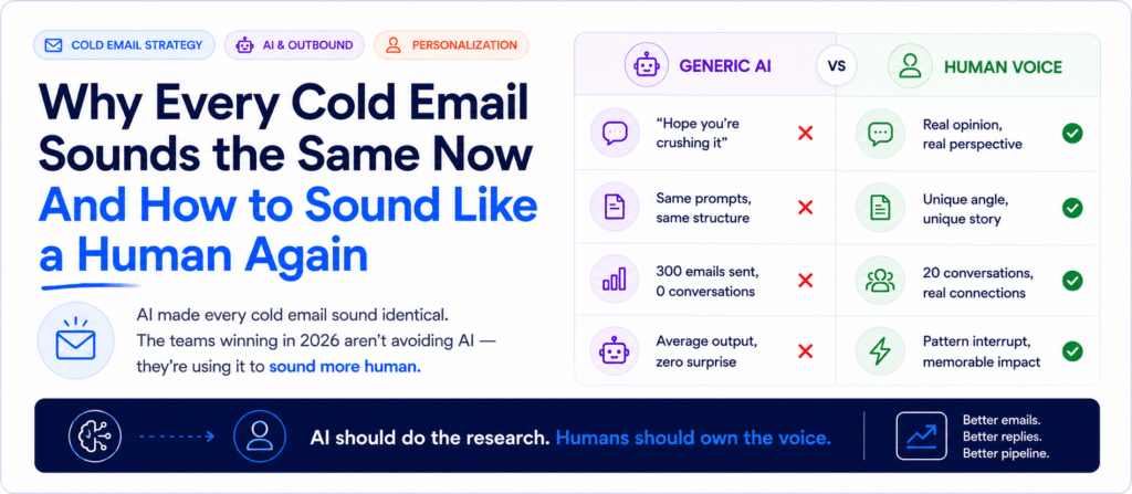 AI outbound, cold email personalization, why cold email reply rates dropped, generic AI emails, sounding human in sales, AI sales outreach, pattern interrupt B2B
