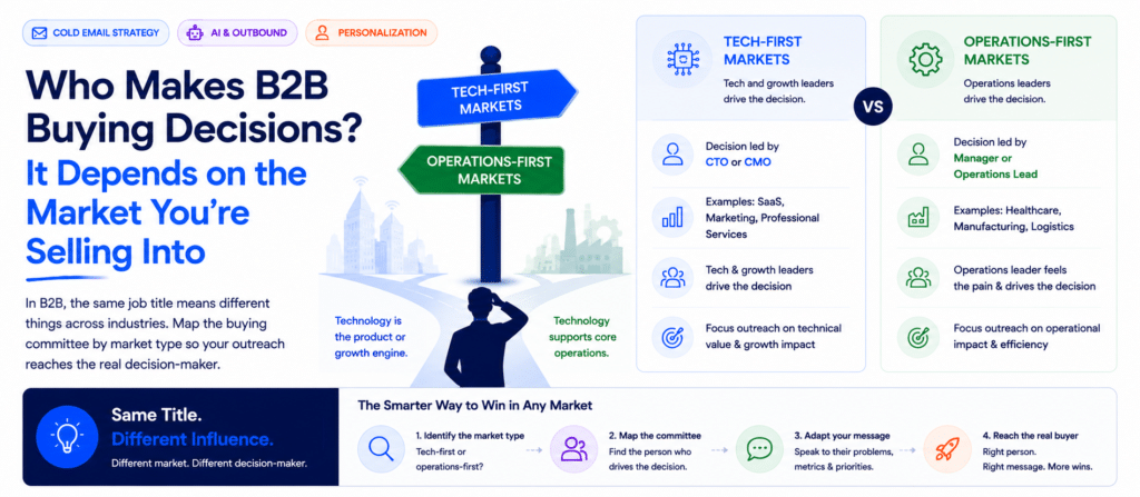 B2B decision makers by industry · who makes buying decisions in B2B · tech-first vs operations-first markets · buying committee by industry